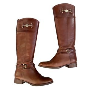 Tory Burch Nadine Riding Boot Brown Leather Gold Hardware Tall Boots